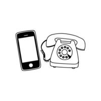An old telephone and a cell phone are shown in a black and white drawing vector