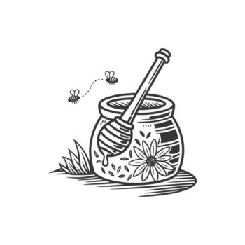 A jar with honey and bees on it vector