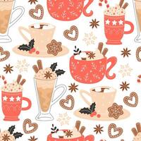 Seamless Christmas pattern of mugs with hot drinks and gingerbread cookies vector