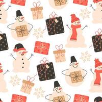 Seamless Christmas pattern of snowmen and gift boxes vector