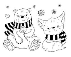 set of polar bear and fox for Christmas in doodle hand drawn style vector