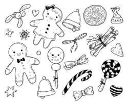 set of gingerbread cookies for Christmas in doodle hand drawn style vector