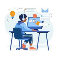 Digital Illustration Of A Young Person Sitting At A Desk Working On A Computer. vector