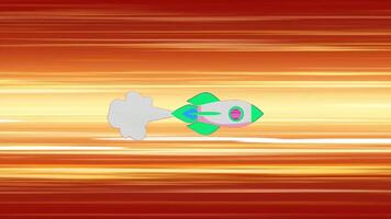 Animation white green rocket on horizontal orange speed line in space. video