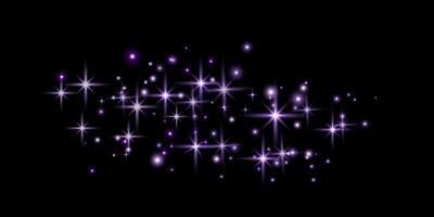 Purple glittering dots, particles, stars, magic sparks with smoke. Glow flare light effect. Purple luminous points in fog. vector