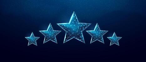 Wireframe five stars, low poly style. Success, winner, rating concept. Abstract modern 3d illustration on dark blue background. vector
