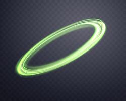 Glowing green magic rings. Dynamic orbital flare halo ring. Neon realistic energy swoosh swirl. Abstract light effect vector