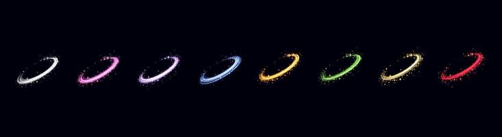 Glowing magic rings set. Neon realistic energy flare rings with sparkling particles. Abstract light effect vector