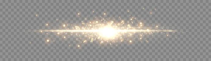 Gold horizontal lensflare. Light flash with rays or gold spotlight and bokeh. Yellow glow flare light effect. vector