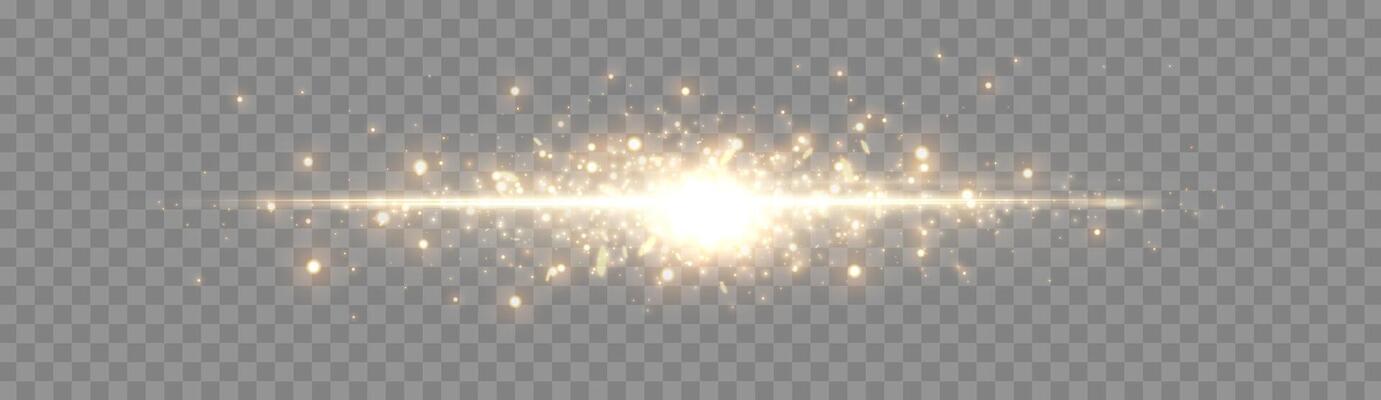 Gold horizontal lensflare. Light flash with rays or gold spotlight and bokeh. Yellow glow flare light effect.