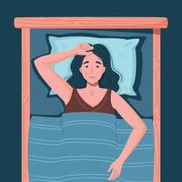 Sleep disorder, insomnia, sleeplessness. Young tired and exhausted woman lying in bed with open eyes in darkness night room. Frustrated person with problem. Character illustration in flat style vector