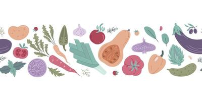 Vegetables seamless pattern, border, great for textiles, wrapping, packaging. Healthy lifestyle illustration for print, web. Hand drawn illustration in flat style vector