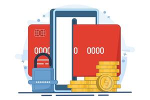 Online financial security concept, Smartphone with payment card, online payment with protection, lock, security for online shopping, gold coins in the background, Digital marketing illustration. vector