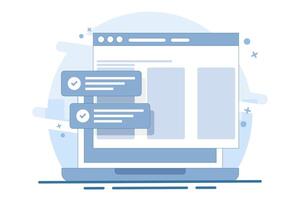 Website success notification concept with check mark, web updated task list with check mark on laptop computer flat cartoon , internet online digital check on pc report. illustration. vector