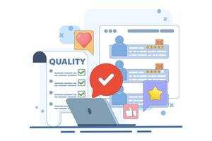 Quality control concept implementing quality control process. quality control or approval, assurance checklist document, assurance concept, company policy or compliance. flat illustration. vector