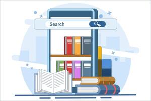 online library concept, Media book library, Female character reading book, Online bookstore, Reader app, Education, Digital bookshelf, Graduate online school. Flat illustration. vector