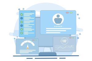 Flat illustration concept of usability testing, QA engineering, developer, Tester looking for bugs, Site testing, Software optimization process, checking application functionality. illustration. vector