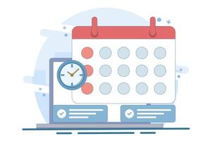 Planning app concept on screen. Planning schedule and calendar. Time management, work planning app. Calendar, schedule, appointment. Flat illustration on background. vector
