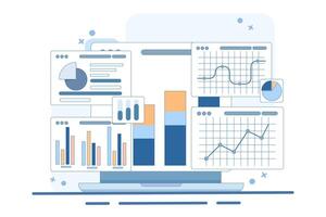 Performance monitoring concept. Research results and data analysis. Dashboard displaying growth data and statistical graphs. Device with financial reports on the screen. Flat illustration. vector