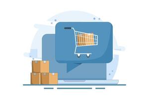 online order notification concept, Laptop with full shopping cart, speech bubble, e-commerce, modern flat icon design of order delivery service isolated on background. vector