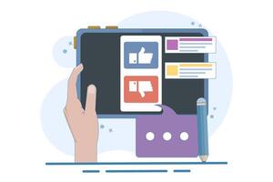 Feedback and survey concept. Giving positive feedback, choosing emoji to show satisfaction rating, and filling out survey form. User Experience Concept, Flat Illustration on background. vector