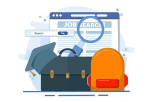 job search concept. new graduates looking for job information. job search and recruitment. websites and services. graduates with search bar. flat illustration on background. vector