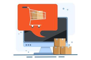 online order notification concept, Laptop with full shopping cart, speech bubble, e-commerce, modern flat icon design of order delivery service isolated on background. vector