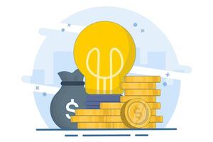 Financial idea concept, Light bulb with stack of gold coins, light bulb and dollar coins, symbolizes innovative ideas, financial growth and successful business strategies. flat illustration. vector