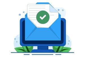 Concept of check mark notification on approved email message, online document on laptop computer, or digital letter successfully confirming application, verified document. vector