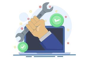 operating system repair and maintenance concept. hand coming out of laptop screen and holding wrench. technician, engineer, IT support concept. flat illustration on background. vector