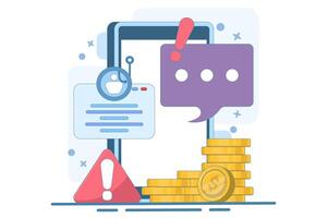 beware of fraudulent messages concept. danger and alertness. fraud alert. fraudulent mode to steal money and personal data. device with coin, warning sign, chat symbol. flat illustration. vector