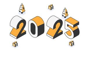 New year 2025 poster design with isometric figures on the ground with Christmas trees and gifts. Flyer, banner, poster design concept in minimalistic style. vector