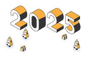 Poster design with isometric numbers, Christmas trees and gifts for the year 2025. Design concept for flyer, banner, poster in minimalistic style. vector