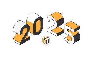 New Year 2025 poster design with isometric figures and a gift standing between the figures. Flyer, banner, poster design concept in minimalist style. vector
