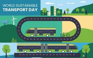 World sustainable transport day poster with green buses and trees vector