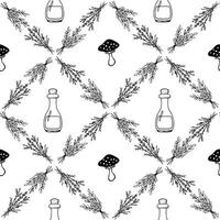 Seamless pattern with bunch of fragrant herbs, mushrooms and glasses . Witchcraft wild grasses in regular repeating pattern. Halloween sketch backdrop. Background for websites, packaging, wallpapers vector