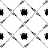 Seamless pattern for Halloween. Decorative backdrop with brooms and cauldrons. Sketch style background for Halloween. Background for websites, packaging, wallpapers, etc. vector