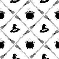 Seamless pattern for Halloween. Decorative backdrop with brooms, hats and cauldrons. Sketch style background for Halloween. Background for websites, packaging, wallpapers, etc. vector