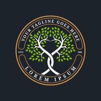 A unique logo featuring two trees with trunks curled into a heart, surrounded by a circle with vintage elements. Suitable for businesses in the health and fitness sector. vector