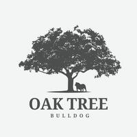 Vintage Logo with a large Oak Tree Silhouette and a Bulldog Dog standing under it. Suitable for nature conservation, ranching vector