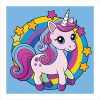 A cartoon unicorn with stars on a rainbow background vector