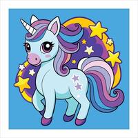 A cartoon unicorn with stars on a blue background vector