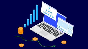 Digital marketing strategy concept with channel content, workflow, laptop and coins 3d isometric design vector