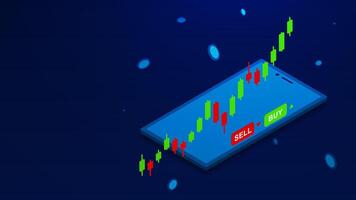 Candlestick chart of buy and sell stock market and forex trading using 3d mobile phone isometric. Financial investment and online trade concept with falling coins on dark blue background vector