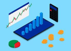 Business finance concept with 3d isometric financial graph, diagram, coins, calculator and smartphone on blue vector
