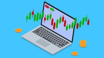 Stock market, forex trading and financial investment concept with laptop, candlestick and stack of coins 3d isometric vector
