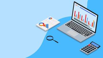 Data analysis concept. Financial report, business investment, with 3d isometric laptop, document, calculator and magnifying vector