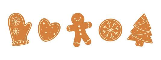 Christmas gingerbread cookies set. Winter homemade xmas sweets in shape of gingerbread man and mitten, tree and snowflake. Flat isolated illustration vector