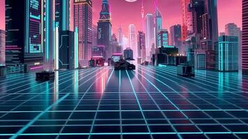High-tech futuristic cityscape with neon lights and cyberpunk elements. This sci-fi-inspired urban environment showcases a digital future, blending modern architecture and innovative urban design. video