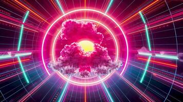 Sci-fi inspired neon artwork featuring a bright sunset hidden behind fluffy pink clouds, surrounded by a glowing halo and laser beams within a vibrant, futuristic neon tunnel video